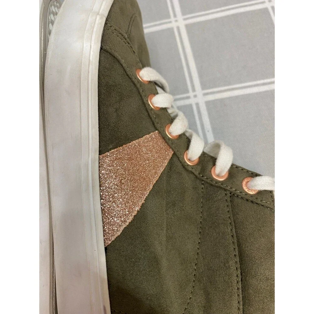Girls Sz 12 Old Navy Olive & Rose Gold Sparkle & Eyelets Lace up Sneakers Shoes